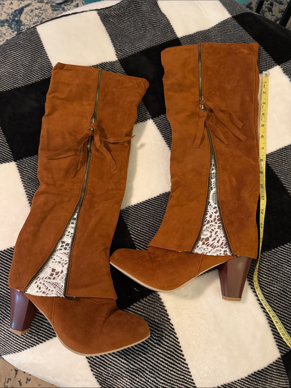 Women's Tall Suede Lace-Panel Heeled Boots in Rust Brown